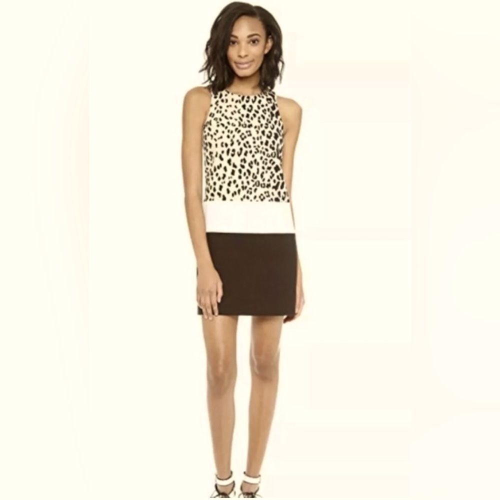 Anthropologie|Tweed Sheath Mini Dress|Color-Block|Black|Cream|Leopard Print|Sz 6